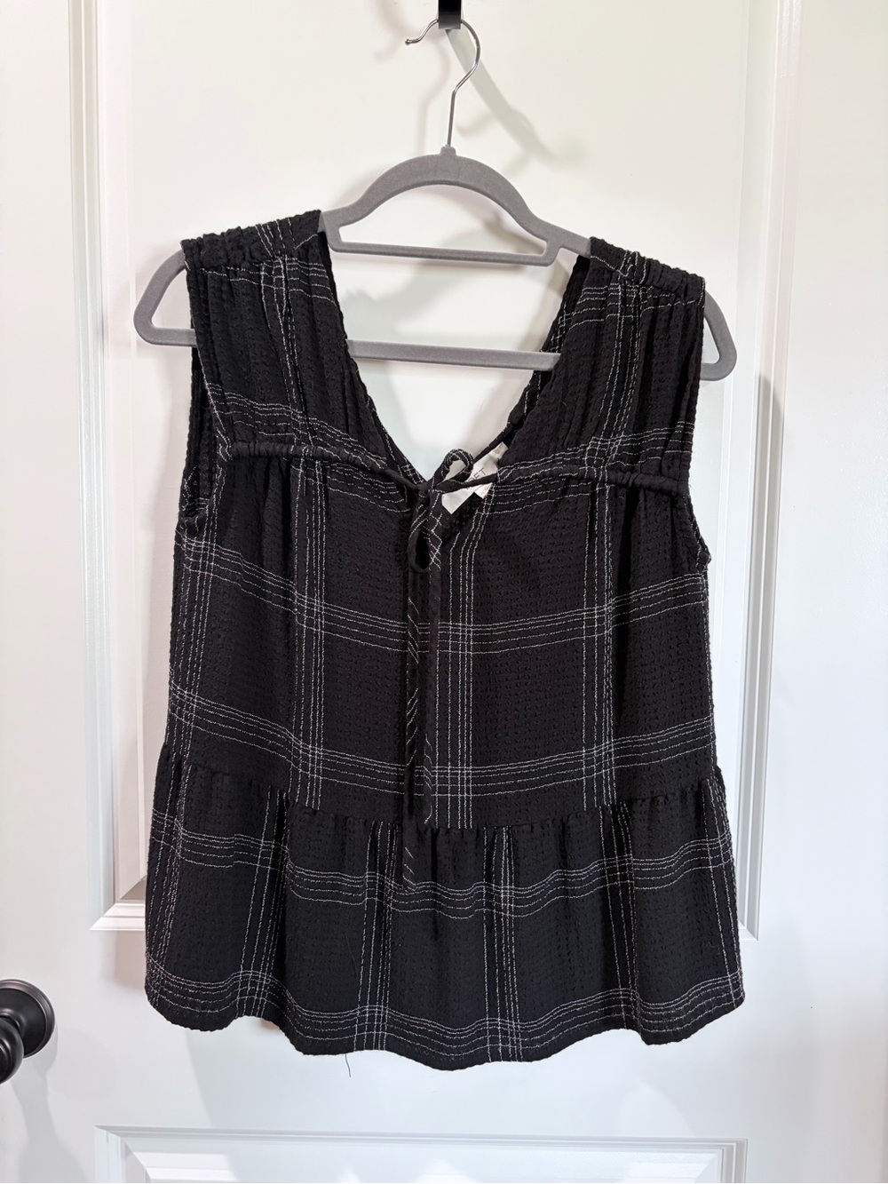 LOFT Black Plaid Sleeveless Double V-neck Peplum Top